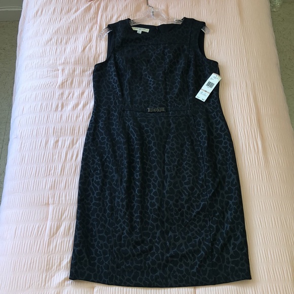 Evan-Picone Black Leopard Sheath Dress Structured Lined Buckle Detail LBD 12 NEW - Picture 13 of 14